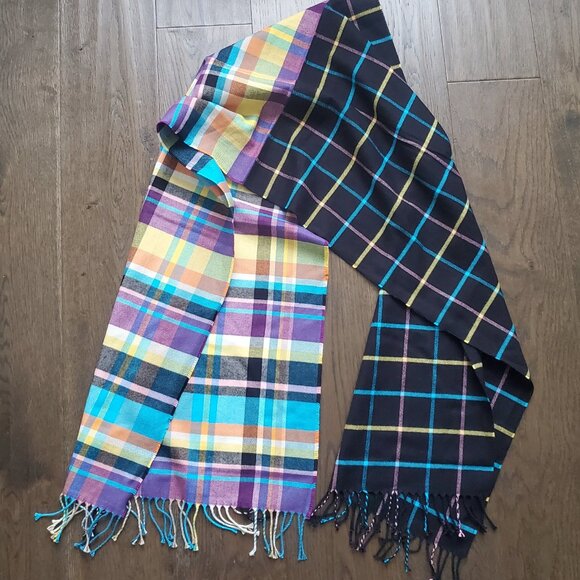Multi-colour Check Plaid Soft Knit Scarf Long Fringed - Picture 1 of 6